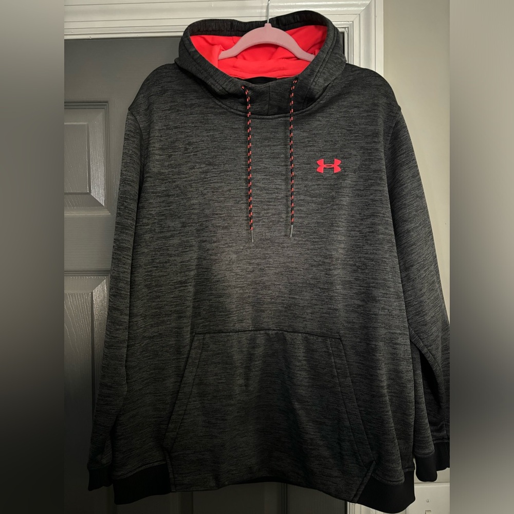Dark Grey and Pink Under Armour Hooded Sweatshirt XXL Loose